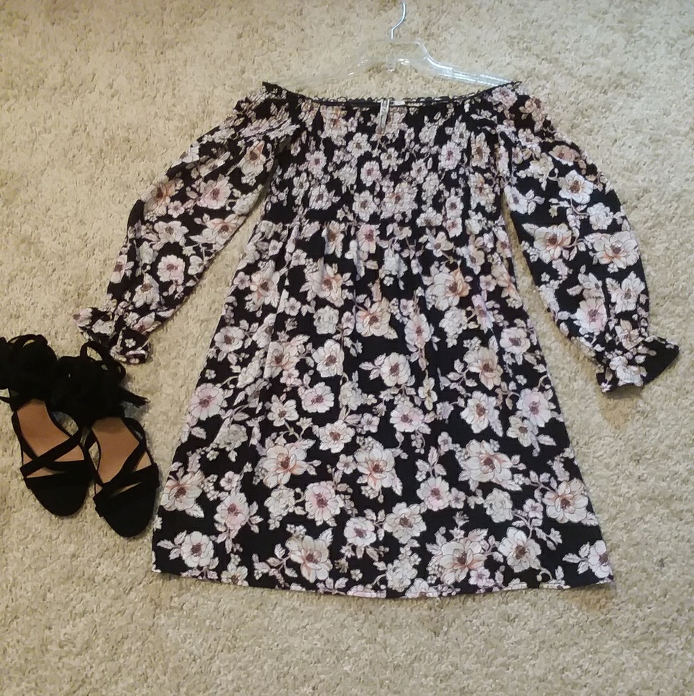 Gathered bodice off shoulder chiffon dress floral
